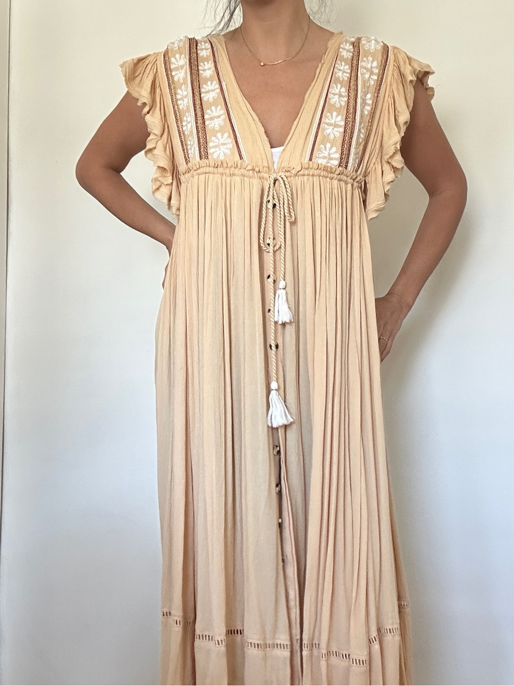 Free People Cream Boho Tie-Front Maxi Dress with Embroidery